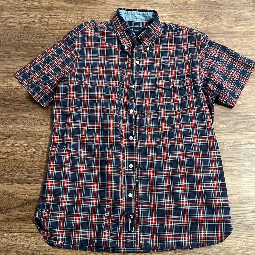 Ralph Lauren Polo Mens Red And Blue Plaid Short Sleeve Button Down Shirt Size M